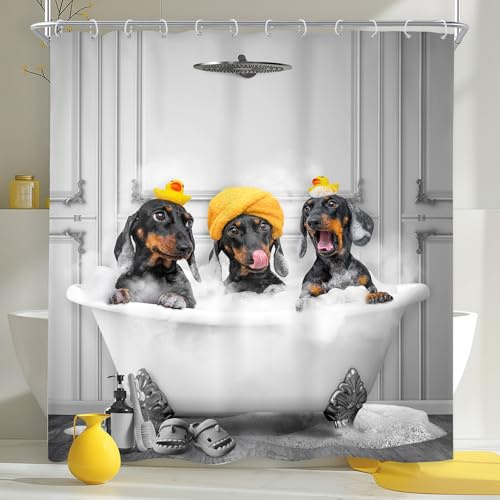 Newsely Lustiger Hunde-Duschvorhang, 183 x 183 cm (B x H), Dackel badet in der Badewanne, niedlicher Welpe, Haustier, lustig, für Kinder, Jungen, wasserdicht, Baddekoration, Zubehör, Heimdekoration