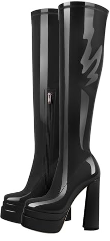 Meinabsatz Damen Stiefel Plateau Blockabsatz Stretch Boots | Langschaft High Heels Kniehoch, Zipper Damenboots Glattleder, Eckige Zehen. mit Reißverschluss, für Abend Club Casual
