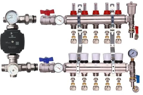 Kudos-Trading Water Underfloor Heating Manifold Kit – Easy Install, Durable Brass Components, Universal Compatibility, for Radiant Heating Systems, Includes Valves & Connectors (5 Port)