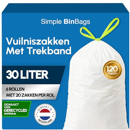 Simple Sacs poubelle 30L - Fabriqué aux Pays-Bas - Convient pour Brabantia Code O - Cordon de traction vert - 120 pièces - 6 rouleaux x 20 sacs poubelle