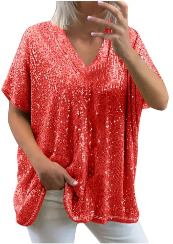 Glitzer-Pailletten-T-Shirts für Damen, funkelnd, kurzärmelig, V-Ausschnitt, Tunika, Tops, lässig, locker, übergroße T-Shirts, lange Bluse, Club, Party, Ausgehen, Shirt heute 2025