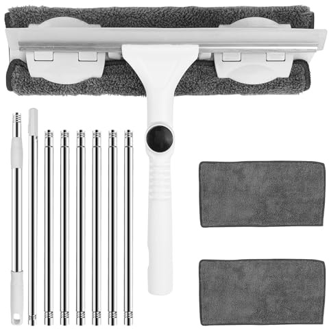 Crynvor 350cm Fensterputzer, 2 In 1 Fensterputzer Teleskop, Fensterreiniger | Teleskopstange Fensterreinigung mit 2 Mikrofaserpads und Teleskopstange, Fenster Putzen Set für Hohe Fenster, Glas,Spiegel