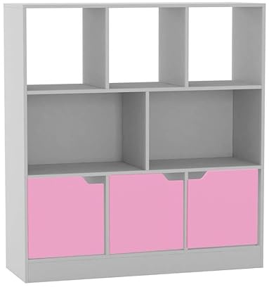 URBNLIVING White 8 Cube Asymmetrical Storage Cabinet – Freestanding Display Bookcase with 3 Doors for Home & Office - Basic Doors - Pink