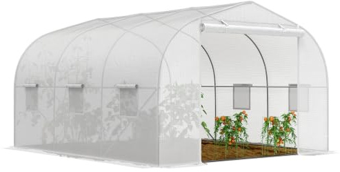 Outsunny Serra da Giardino con Porta a Rullo e 6 Finestre 3.5x3x2 m Bianco | Serra Tunnel per Giardino, per Orto, in Polietilene e Acciaio