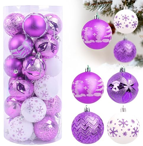 Weihnachtskugeln Set Kunststoff, Weihnachtskugeln Groß 6CM, Christbaumkugeln Weihnachten Kugeln Plastik, Weihnachtsbaumschmuck Set, Weihnachtsschmuck für Weihnachtsbaum Kranz Anhänger, 24PCS (Lila)
