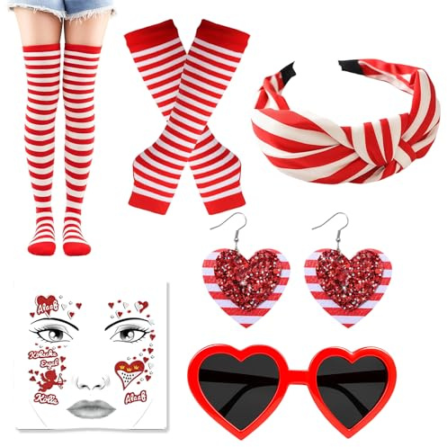 Yuwnd Karneval Rot Weiss Damen, Karneval Kostüm Damen Köln Rot Weiß Set, Haarreif + Brille + Aufkleber + Ohrringe + Handschuhsocken + Kniestrümpfe