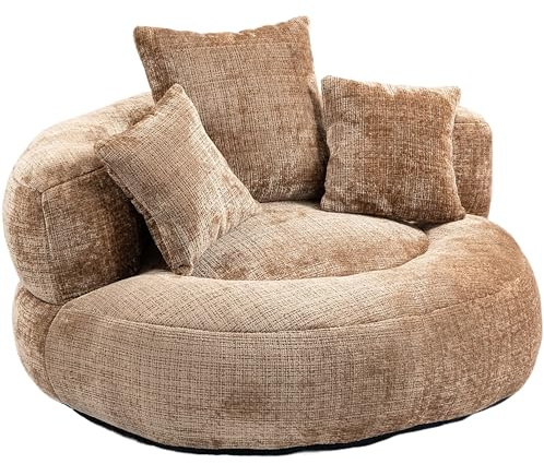 SHAIRMB ÜBergroßEr Runder Sessel, Einzelne Lounge-Chaiselongue, Gepolstertes Schlafsofa Mit Tiefer SitzfläChe, Chenille-Sitzsack Mit Kissen, FüR Wohnzimmer, Schlafzimmer,Braun