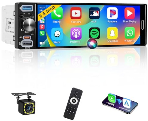 Inefala Autoradio 1 DIN Wireless CarPlay Android Auto Mirror Link | 6,5 Pollici Touchscreen Touchscreen, BT, FM, EQ, SWC, USB & Type-C, MIC, Retrocamera