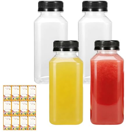 4 Pcs 250ml Plastic Bottles,Juice Bottles with Lids,With Label,Reusable Drink Containers for Home,Portable Plastic Milk Bottle Storage for Milk,Smoothie,Juice, For Home, Party, Camping and as Gifts