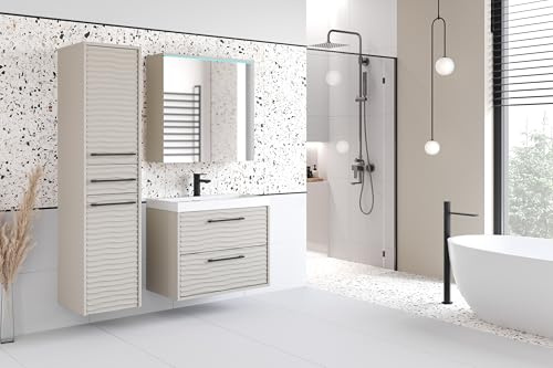 MINIO go for it - Badmöbel Set 3-Teilig Yuko 1, Spiegelschrank, Unterschrank mit Waschbecken, Große Hängeschrank, Laminierte Spannplatte, Farbe: Cashmire beige/Cashmire beige MDF Wellemuster LED
