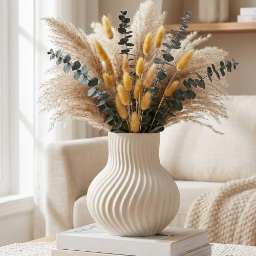 White Ceramic Vase, Modern Ribbed Flower Vase for Pampas Grass (Off White) | Cream Beige Wavy Decorative Vase, Boho Table Centerpiece for Living Room, Minimalist Ceramic Flowerpot, Dried Flowers Decor