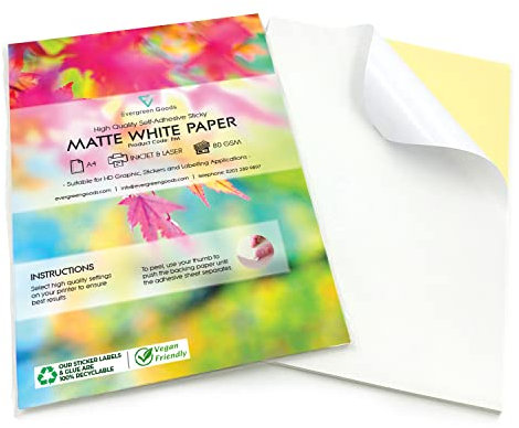 Evergreen Goods™ 30 Sheets A4 Matte White Sticker Paper | Quality Self Adhesive Sticky Back Label Printing | Inkjet & Laser Printer Compatible | Easily Make Stickers at Home