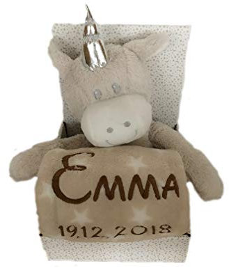 KIDDI-MEDIA Kinder Baby Set mit Name & Geburtsdatum Bestickt (auf der Decke) inkl. Plüsch Stofftier - Geschenk Taufe Geburt/CE-Zertifizierung (Einhorn/Beige)