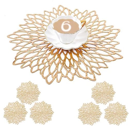 Mangata tovagliette e sottobicchiere Oro tonde, 38 cm tovaglietta Vinyl per Natalizie, anniversari, cene, Ristorante, Hotel (Lavabili, Set di 6)