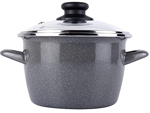 Magefesa K2 Gransasso - Olla 30cm con tapa de vidrio. Exterior gris moteado. Antiadherente bicapa reforzado efecto piedra, apta para todo tipo de cocinas, especial inducción. 50% de ahorro energético.
