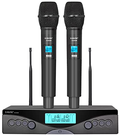 G-MARK Sistema microfonico wireless, set di microfoni dinamici cordless professionali a doppio canale UHF per karaoke domestico, chiesa, DJ, matrimonio, riunioni, eventi, portata di 200 piedi