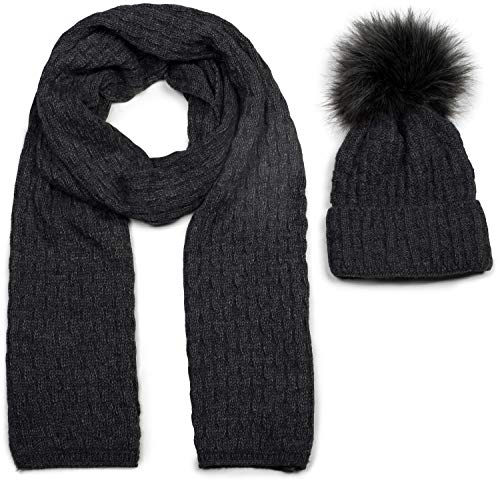 styleBREAKER Unisex Strick Schal und Mütze Set mit Flecht Muster, Thermo-Fleece Innenfutter, Winter 01018212, Farbe:Dunkelgrau meliert