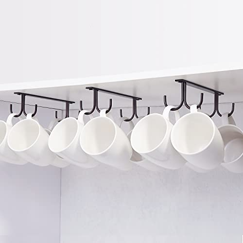 FOMANSH Porte-tasses sous l'armoire, porte-tasses à café avec vis, 12 crochets sous l'étagère, crochet de séchage pour bar, pour accrocher des tasses, des tasses à café, des mugs, etc. Noir