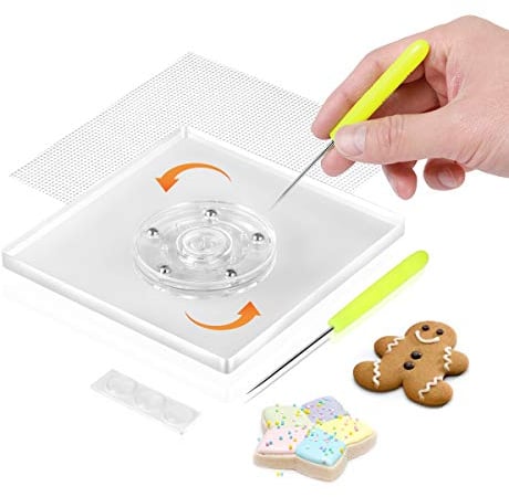 Magicfour Drehteller zum Dekorieren von Keksen, 15,2 cm, Acryl, 360 Grad, Dekorationszubehör, Kuchen-Drehteller für Dessert, mit 2 Zucker-Rührnadeln, 1 x rutschfeste Matte