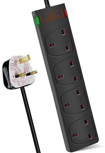 ExtraStar 4 Way Extension Lead with Surge Protection, 13A/250V~ Multi Sockets Power Strips, 3120W Fused UK Plug Wall Mounted Power Socket with 3M Extension Cord-Black