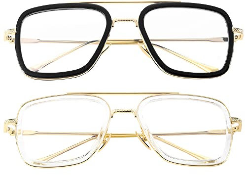 Onrtry Tony Stark Blaulichtblockierende Brille für Männer Frauen Retro Metallrahmen Iron Man Spider-Man Brille, A6 goldfarbener schwarzer Rahmen + goldfarbener transparenter Rahmen, M