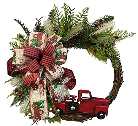Yuemei Holz Winter Bauernhaus Rotes Wagenrad Kranz 40cm, Vintage Bauernhaus Kranz Weihnachtskranz Adventskranz Türkranz Wanddekoration Wanddeko Für Haustür Urlaub Winter Dekoration