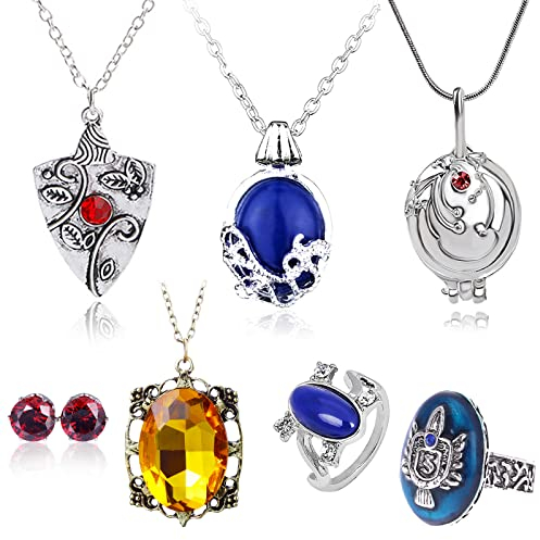 HJYZY 7 Stück Vampire Diaries Schmuck Daywalking Katherine Sapphire Elena Gilbert Eröffnung Eisenkraut Medaillon Bonnie Halskette Salvatore Damon Stefan Finger Familienwappen Ring Diamant Ohrstecker