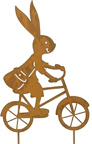 dekorativer witziger Deko-Stecker Blumen-Stecker Pick Hase auf Fahrrad Metall Rostoptik