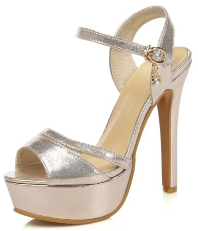 CRETUAO Sandalias con tacón de Mujeres, Plataforma de Club Nocturna Sexy Stiletto Showing de 14 cm Buckle Ladies Summer Zapatos,Oro,36 EU