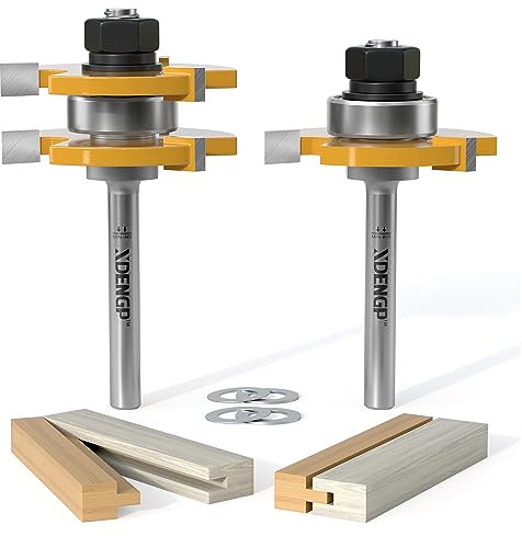 XDENGP Professional 2 PCS Tongue and Groove Router Bit Set 1/4 Inch Shank, 3 Teeth T Shape Wood Milling Cutter Woodworking Tools, Matched Oak Hardwood Floor Wainscoting Boards Joinery Router Bit