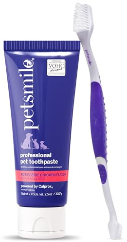 Petsmile Teeth Brushing Kit, Toothpaste + Brush, Rotisserie Chicken 71g | Pet Toothpaste + 45° Patented Toothbrush, VOHC Accepted, Calprox® Powered, 4-Month Supply, Human-Grade, Clinically Proven
