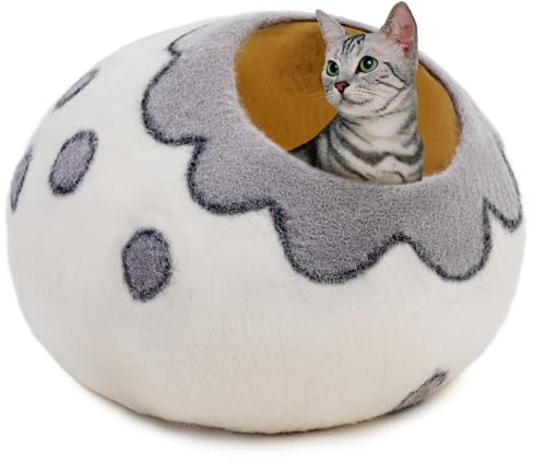 Woolygon Filz-Katzenbett-Höhle – Wolle, handgefertigt, Kätzchenhöhlen, Bett für Innenräume – aus 100% umweltfreundlicher Merinowolle, faltbar, Katzen-Versteck, Katzenhaus (Blumenhalsband)