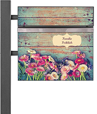 banjado® Standbriefkasten Anthrazit mit Namensschild Blumenpfücken & Zeitungsfach/Briefkasten mit Standfuß in Anthrazit/Postkasten A4 Einwurf inkl. Montagematerial & 2 Schlüsseln