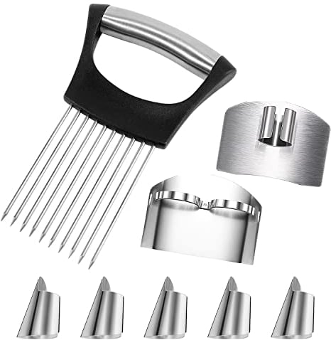 MABAHON 8 Pcs Kitchen Finger Guards Chopping Protector Stainless Steel Knife Ring Chopping Metal Cutting Shield Onion Holder Slicer Adjustable Finger Kitchen Tool to Slice Vegetables Fruit Meat