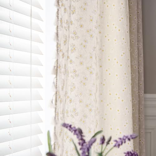 ENJOYBRIDAL 2 Stück Vorhänge mit Quasten, halbtransparent, mit Blumenmuster, Boho-Stil, mit Stangendurchzug, für Schlafzimmer, Wohnzimmer, Bauernhaus, rustikaler Stil, 244 cm lang