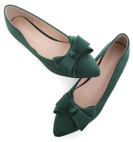 SAILING LU Womens Pointed Toe Ballet Flats Cute Bow-Knot Comfortable Loafers Business Slip On Dressy Walking Shoes, J163-green, 8 UK