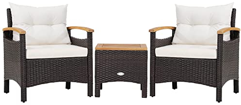 KOMFOTTEU Juego de Muebles de Jardín de 3 Piezas, Conjunto de Muebles de Ratán y Madera de Acacia, Set de 2 Sillones y 1 Mesa de Café, Resistente a la Intemperie, para Patio, Piscina, Balcón