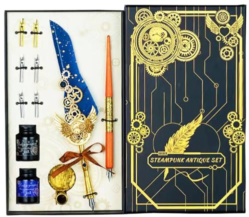 LSFCHYBY Quill Feather Pen and Ink Set,Calligraphy Set Include Antique Quill Feather Pen,Handcraft Wooden Pen,6 Nibs,2 Bottles Inks,Pen Holder,Birthday Gift
