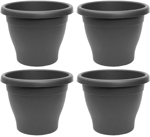 Acan Tradineur Lot de 4 pots ronds en plastique pour plantes et fleurs méditerranéennes avec trous inférieurs pour pot extérieur et intérieur de la maison Gris 40 cm