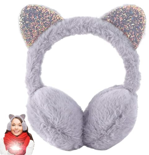 Cache-oreilles Chauds pour Femmes, Cache-Oreille avec Oreille de Chat, Cache-oreilles en Peluche pliable, Chauffe-oreilles Hiver Chaud Couvre-Oreilles Earmuffs, Jolis Cache-oreilles d'Extérieur (Gris)