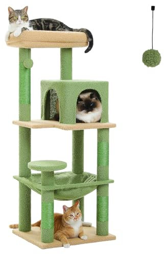 PAWZ Road Árbol de cactus para gatos, torre mediana para gatos, centro de actividades estable y resistente, árbol para gatos con hamaca y casa ancha para gatos, tamaño M, verde