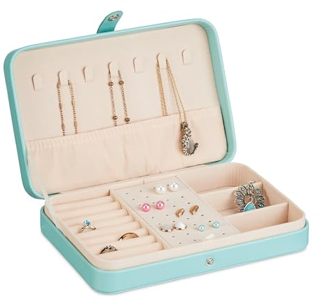 Relaxdays Schmuckkästchen, Schmuckaufbewahrung, Ringe, Ohrringe & Ketten, Reise Schmucketui, HBT: 4,5x21x14,5 cm, türkis
