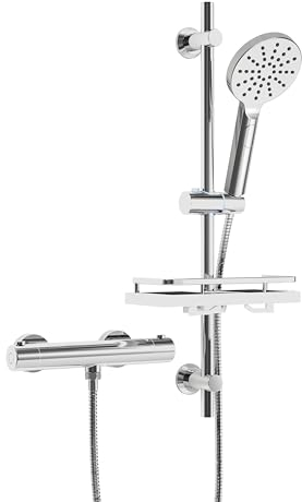 Görbach Colonne de Douche Thermostatique avec Robinetterie et Étagère de Douche, Mitigeur de Douche + Ensemble de Barre de Douche en Acier inoxydable de 70 cm avec Douchette et Tuyau, Chromée