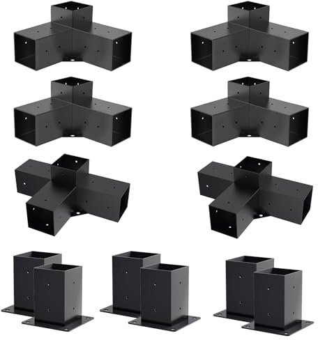 Grehitk Pergola Kit, 3-Way & 4-Way Brackets, Wooden Beams for Gazebos, Patio Pergolas, Log Cabin Outdoor Pergola Hardware, Rustic Garden Style, Black Steel
