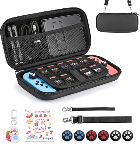 Younik Switch Custodia Compatibile con NS Switch/Switch OLED, 11 in 1 Kit di Accessori per Switch che Include Custodia per Switch, Tappi per il Pollice, Adesivo Carino e Ciondolo(Nero)