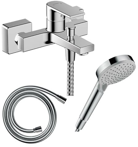 Hansgrohe Pack mitigeur Bain Douche mécanique Vernis Shape C2 + Flexible Isiflex + Pommeau Vernis Blend 100 EcoSmart 2jets chromé