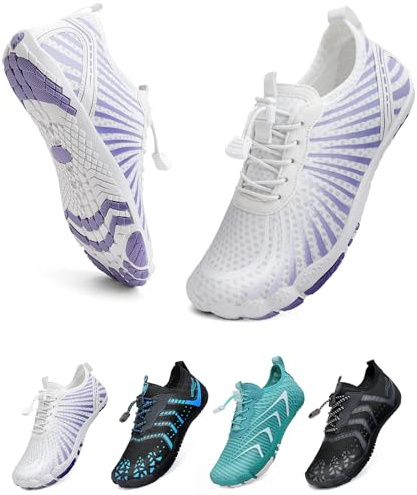WateLves Unisex Barfußschuhe Damen Herren Wasserschuhe Badeschuhe Schnell Trocknend Weich Traillaufschuhe Fitnessschuhe mit rutschfest Sohle & Breiter Zehenbox(Weiß Lila 42)
