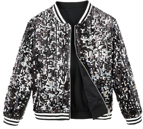 LOLANTA Girls Sequin Bomber Jacket with Pockets Zipper Long Sleeve Sparkle Baseball Jackets