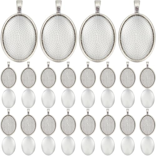 SOFPLATE 1 Box 30 Sets Cabochon Bezel Tray Silver Bezel Setting with Glass Cabochons Oval Dome Tibetan Style Alloy Vintage Blanks Trays Pendants for Jewellery Making Charms Necklace Supplies DIY Craft