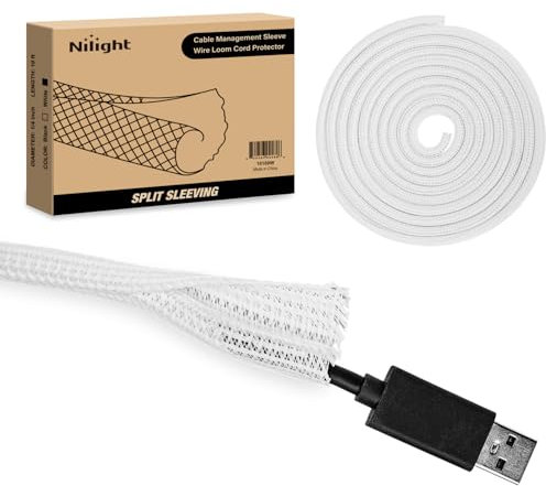 Nilight Cable Sleeve,10ft-1/4inch Cable Management Sleeves, Braided Cable Sleeving, Split Self Wrapping Wire Loom for Computer Cable Electrical Wire Automotive Harness Protector Organizer, White